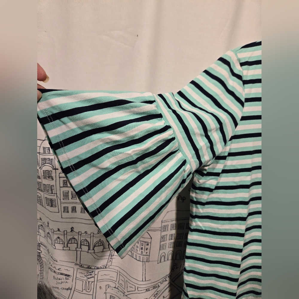 NWOT Women's Ruby Rd Striped Bell Sleeve Top Teal Black White Size Medium - Picture 2 of 10